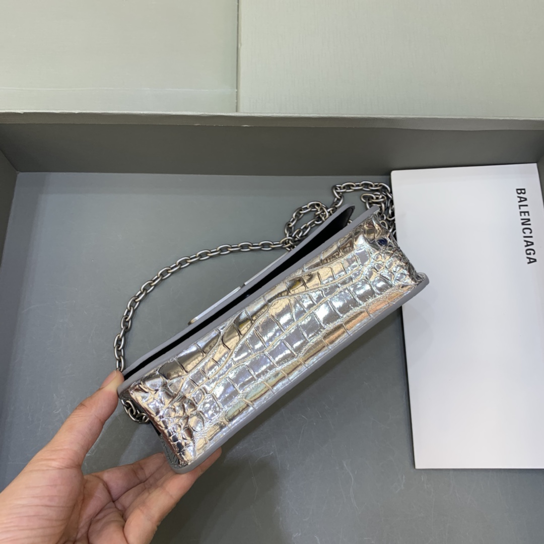 Balenciaga Gossip Wallet on chain Crocodile Embossed Calfskin Shouler Bag Silver